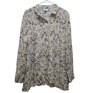 J. Jill Cream Floral Button-Down Shirt Peplum Hem Cottagecore Boho Size XL